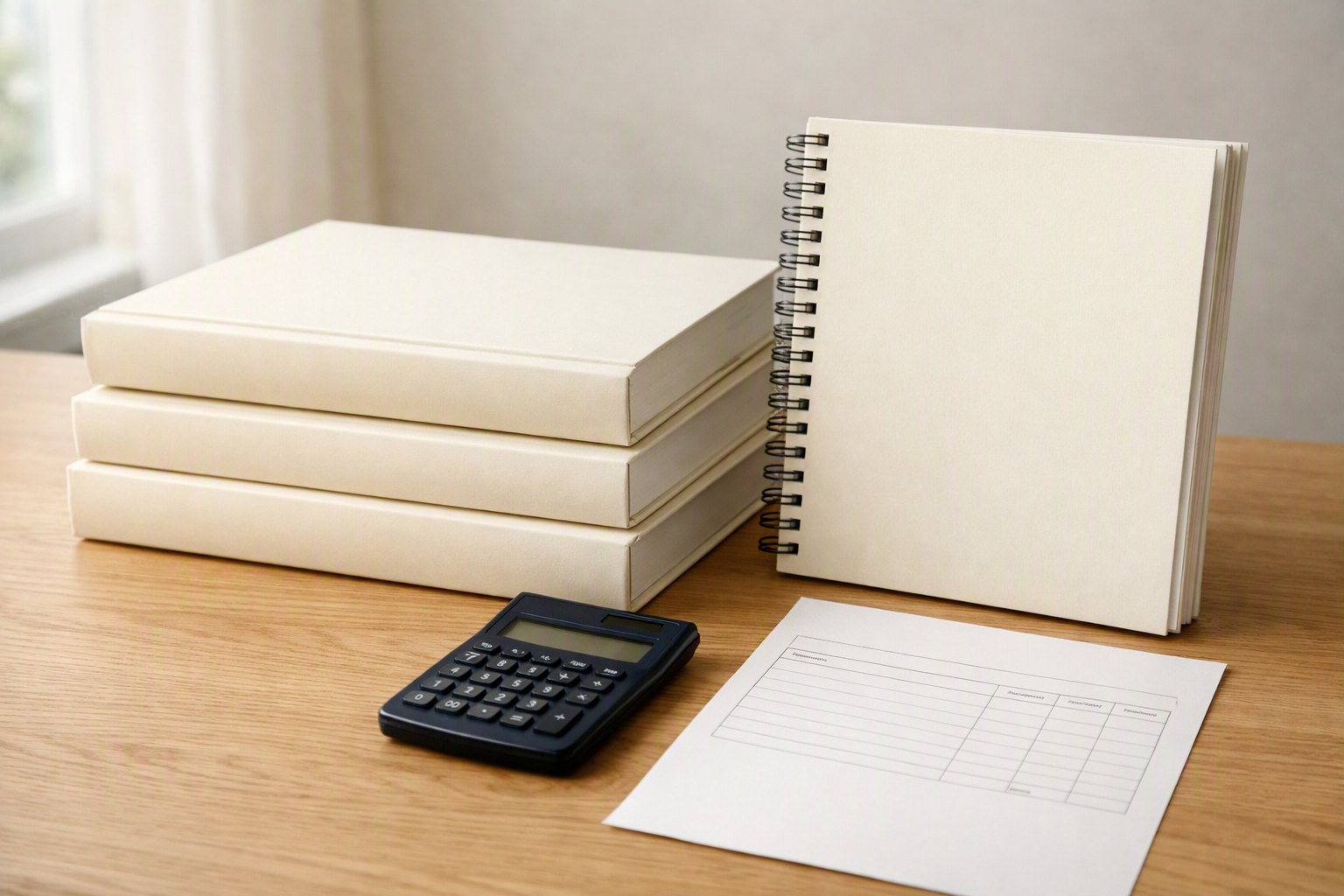 Prix impression mémoire, devis réels Trois mémoires reliés en dos carré collé et un exemplaire relié en spirale posés sur un bureau à côté d’une calculatrice et d’une feuille de devis