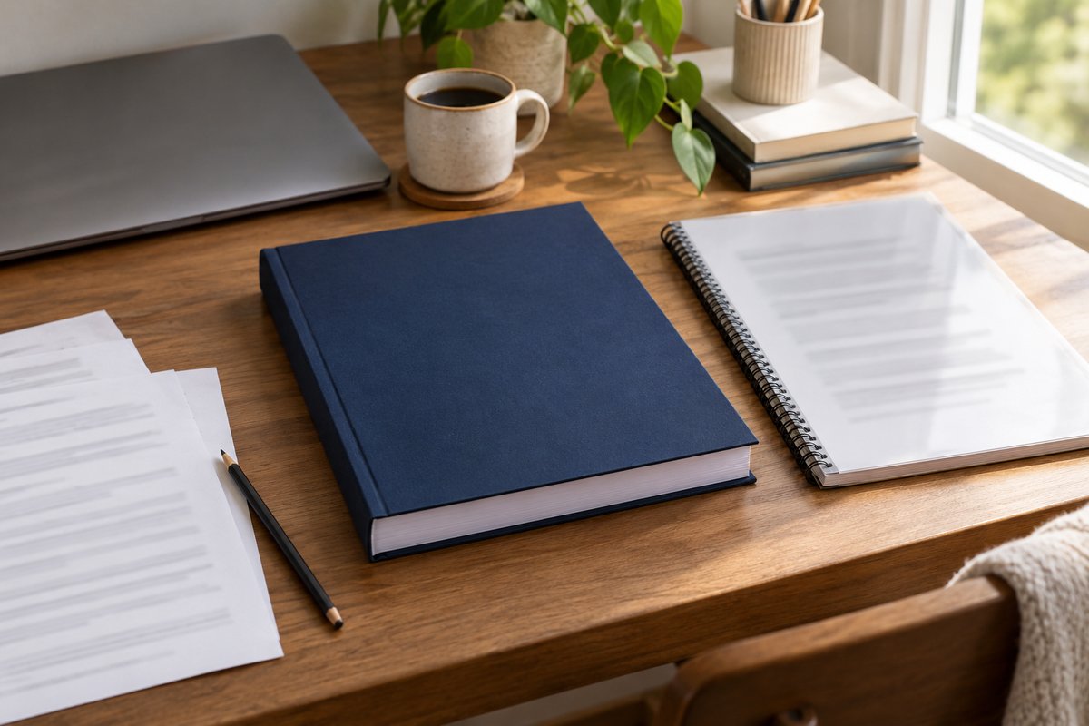 Comment imprimer son mémoire : les 7 étapes, de la consigne à la commande Mémoire relié bleu marine posé sur un bureau d'étudiant, à côté d'un exemplaire relié en spirale métallique